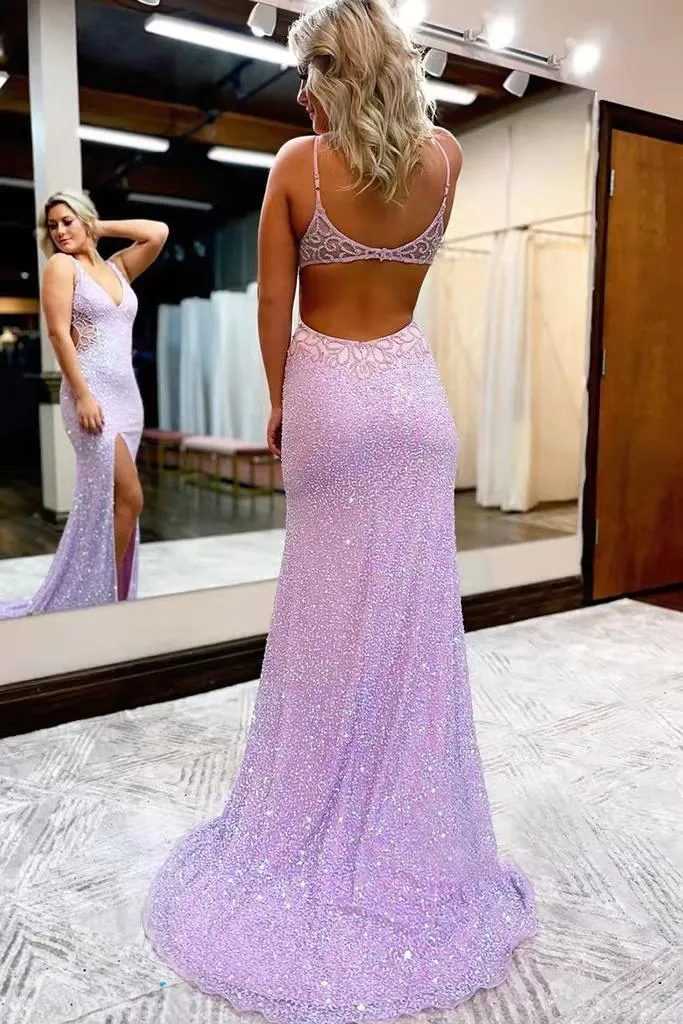 Superbe robe de soirée longue à paillettes scintillantes et col en V