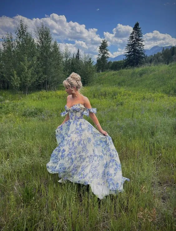 Robe de soirée élégante en mousseline de soie à motif floral, coupe trapèze