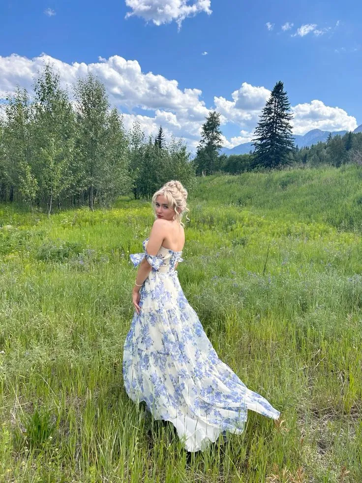 Robe de soirée élégante en mousseline de soie à motif floral, coupe trapèze