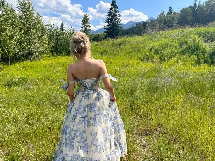 Robe de soirée élégante en mousseline de soie à motif floral, coupe trapèze