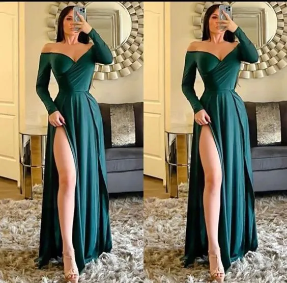 Robe de soirée élégante sirène à manches longues et fente latérale