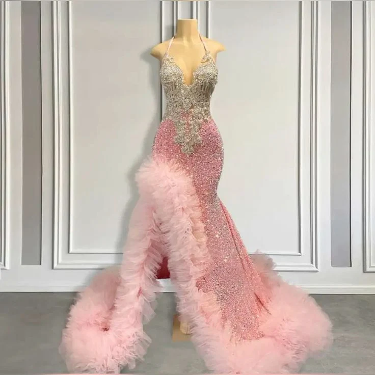 Superbe robe de bal sirène rose pour femme, volants en velours et cristaux scintillants