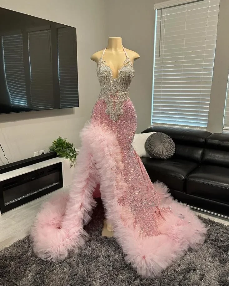 Superbe robe de bal sirène rose pour femme, volants en velours et cristaux scintillants