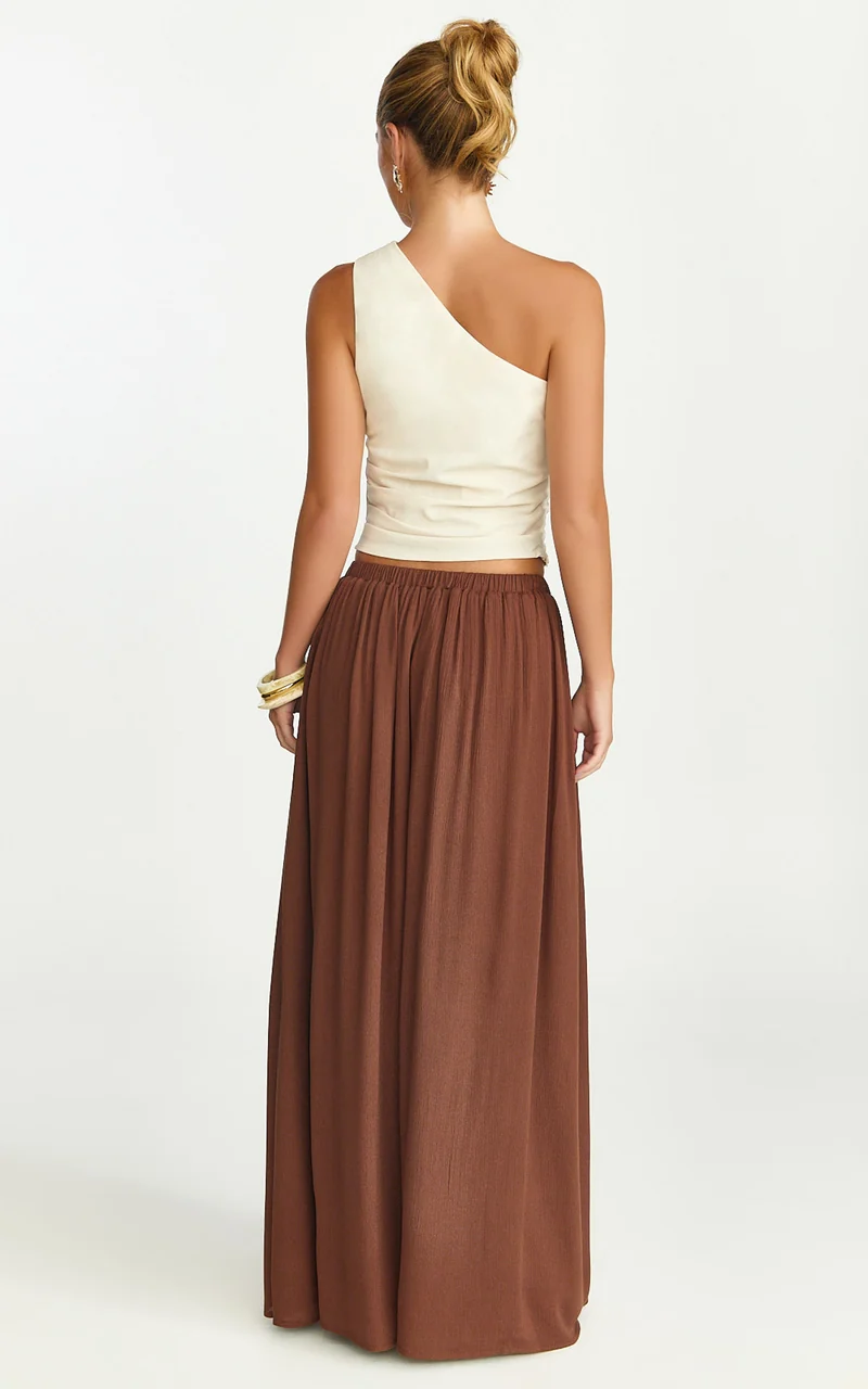Anessa Maxi Skirt - Elastic Waist Maxi Skirt With Thigh Split in Mocha