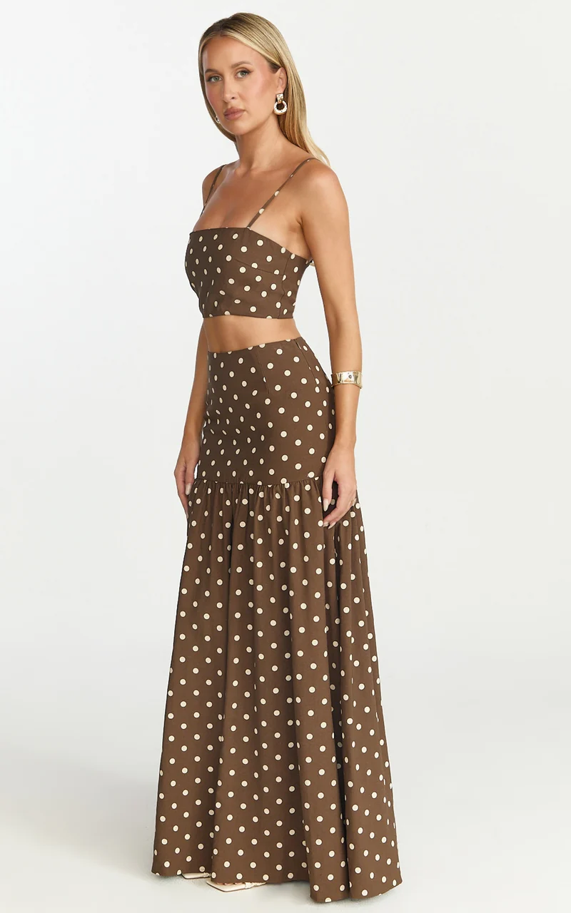 Leighton Two Piece Top and Skirt Set - Crop Top And Maxi Skirt in Choc/Cream Polka Dot