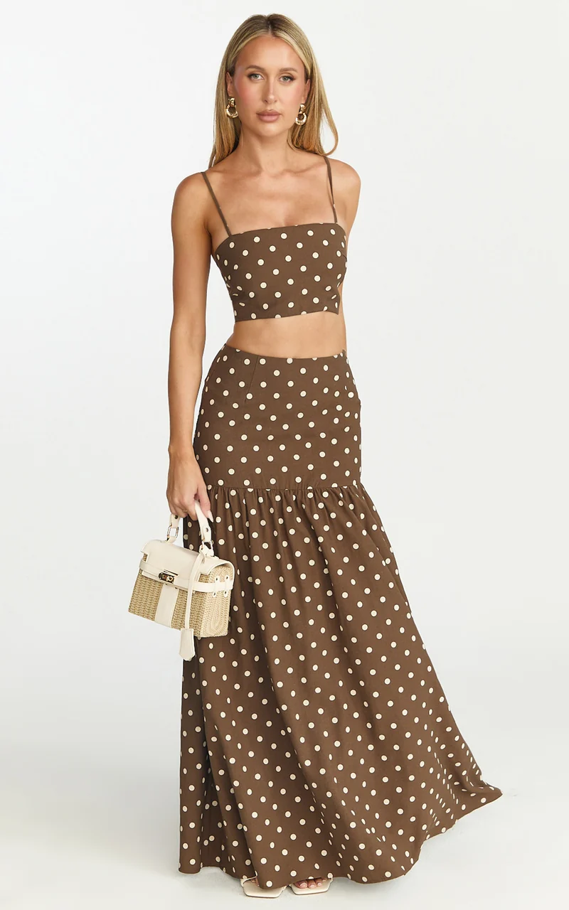 Leighton Two Piece Top and Skirt Set - Crop Top And Maxi Skirt in Choc/Cream Polka Dot