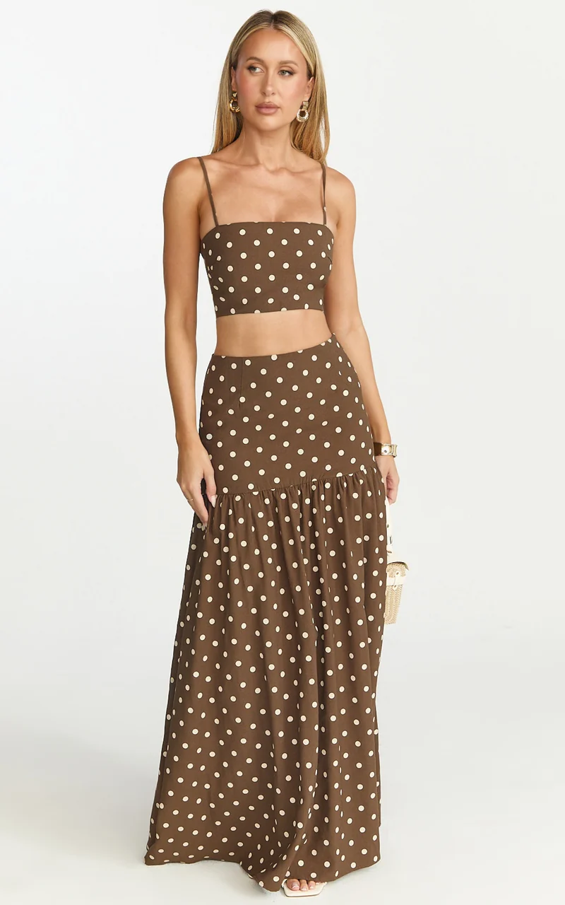Leighton Two Piece Top and Skirt Set - Crop Top And Maxi Skirt in Choc/Cream Polka Dot