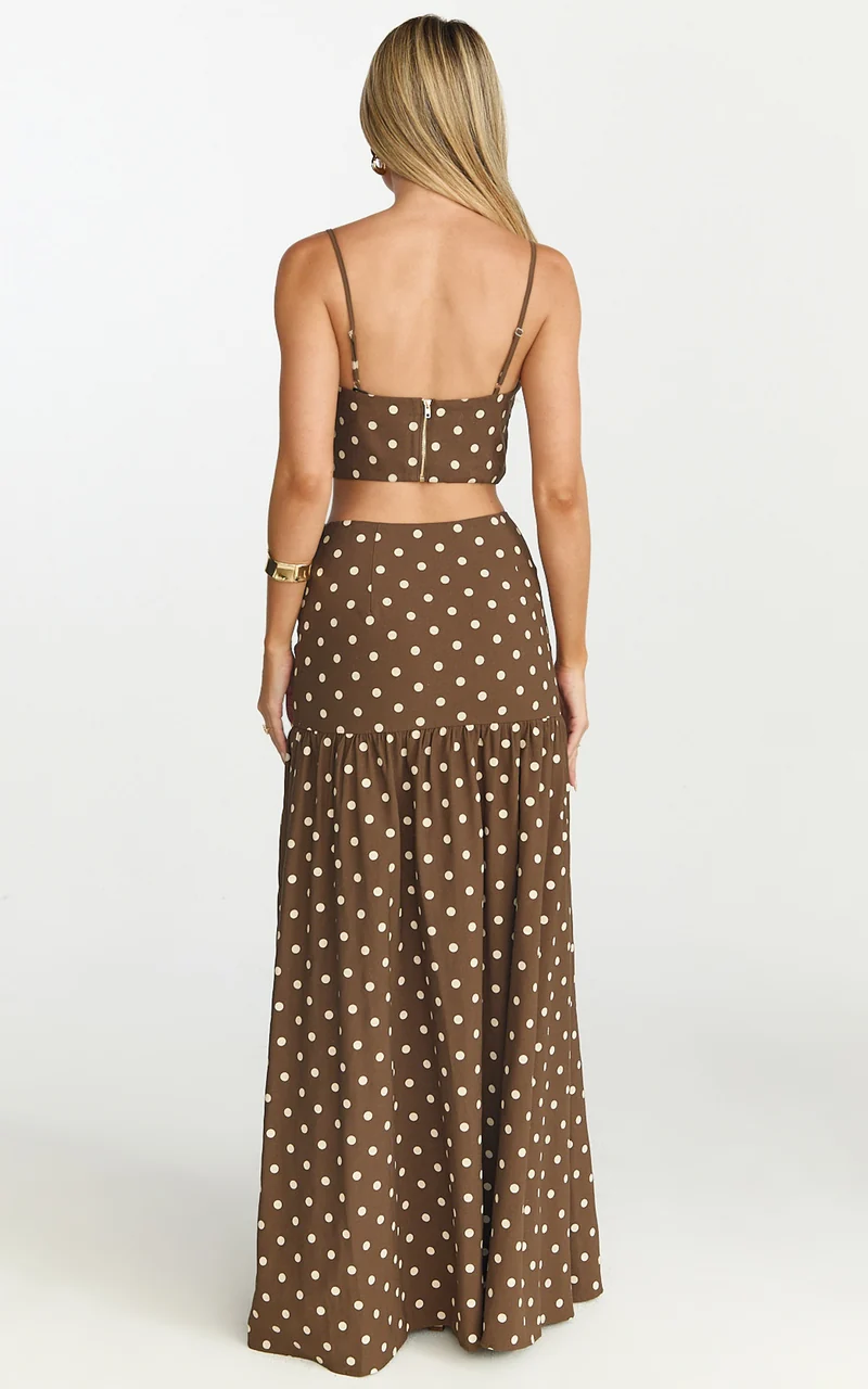 Leighton Two Piece Top and Skirt Set - Crop Top And Maxi Skirt in Choc/Cream Polka Dot