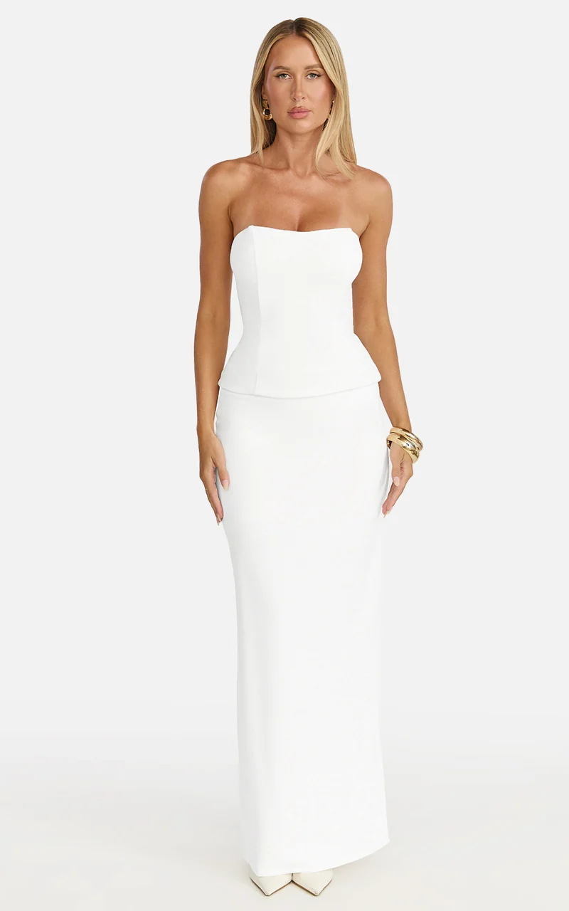 Anya Two Piece Top and Skirt Set - Strapless Fit And Flare Top And Maxi Skirt in Cream