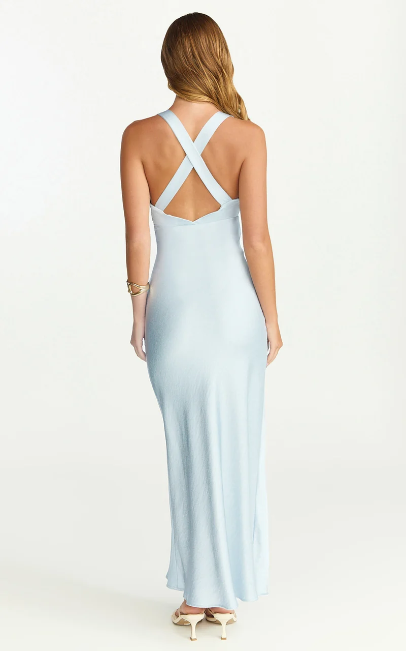 Khalani Midi Dress - Deep V Neck Satin Slip Dress in Pale Blue