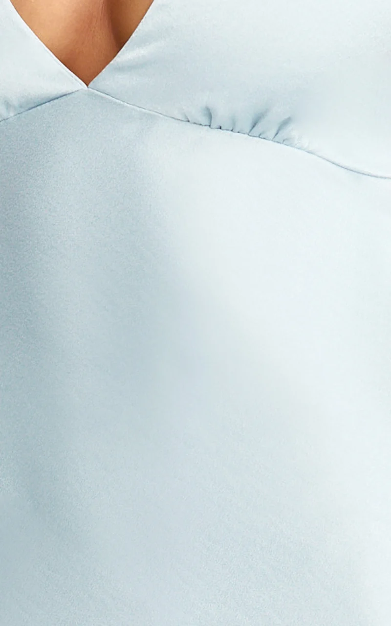Khalani Midi Dress - Deep V Neck Satin Slip Dress in Pale Blue