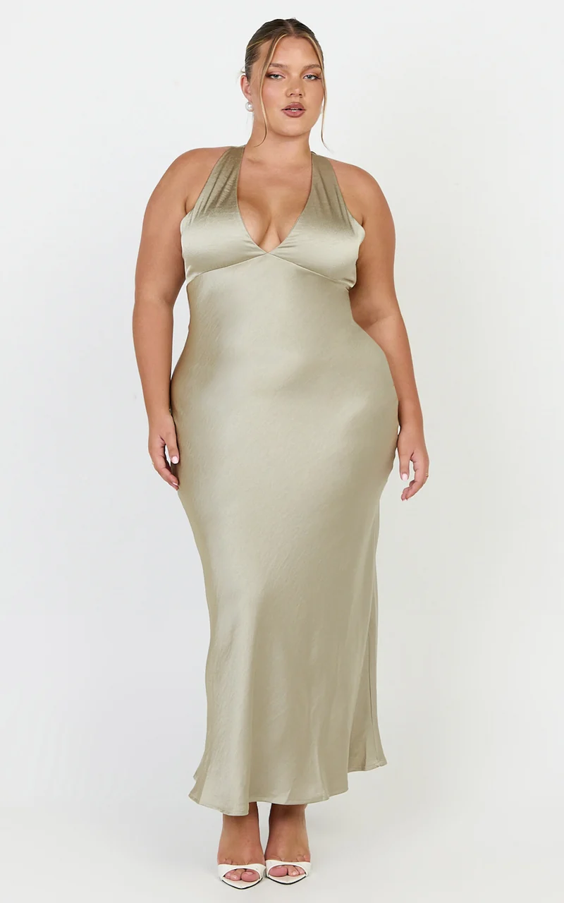 Khalani Midi Dress - Deep V Neck Satin Slip Dress in Light Olive