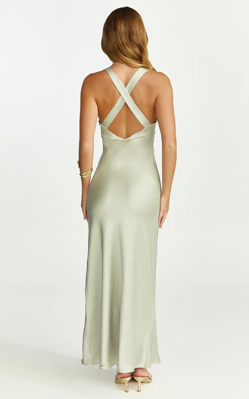 Khalani Midi Dress - Deep V Neck Satin Slip Dress in Light Olive