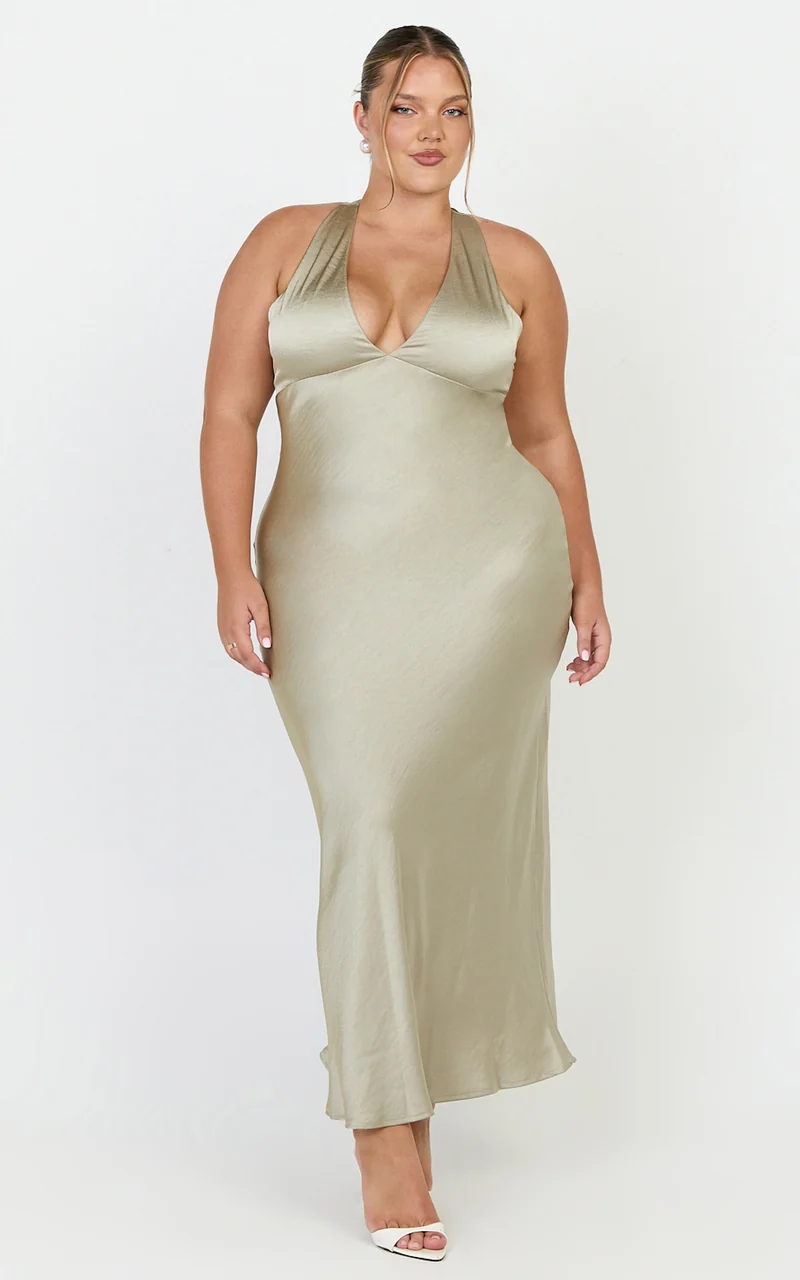 Khalani Midi Dress - Deep V Neck Satin Slip Dress in Light Olive