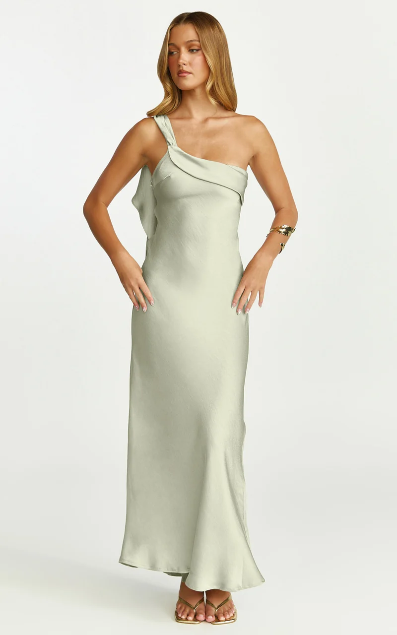 Calix Midi Dress - One Shoulder Slip Dress in Light Olive