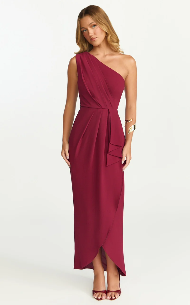 Namaari Midi Dress - Faux Wrap One Shoulder Dress in Wine