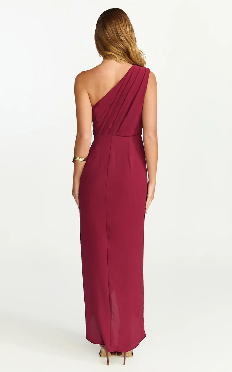 Namaari Midi Dress - Faux Wrap One Shoulder Dress in Wine