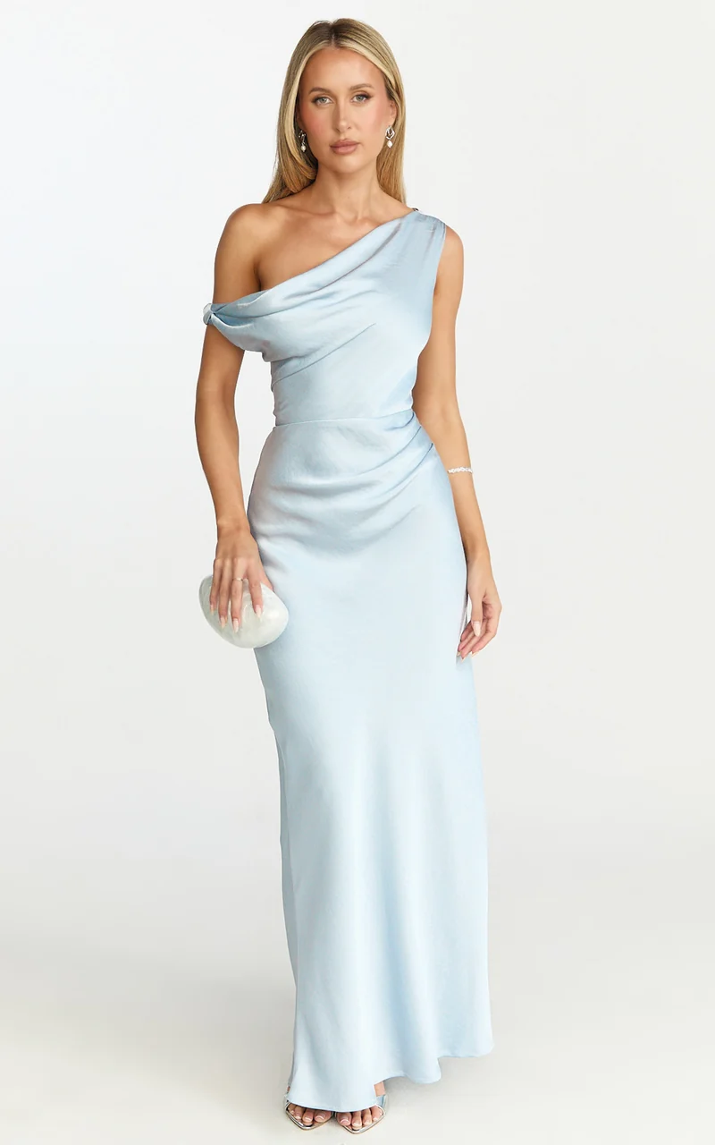Lira Maxi Dress - One Shoulder Satin Dress in Pale Blue