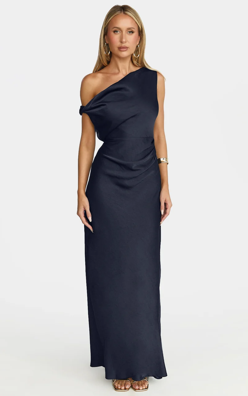 Lira Maxi Dress - One Shoulder Satin Dress in Navy