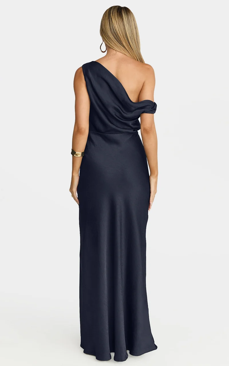 Lira Maxi Dress - One Shoulder Satin Dress in Navy