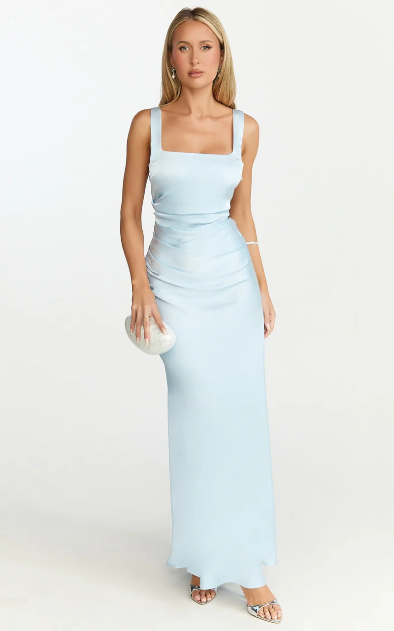Rumi Midi Dress - Ruched Bodice Satin Dress in Pale Blue