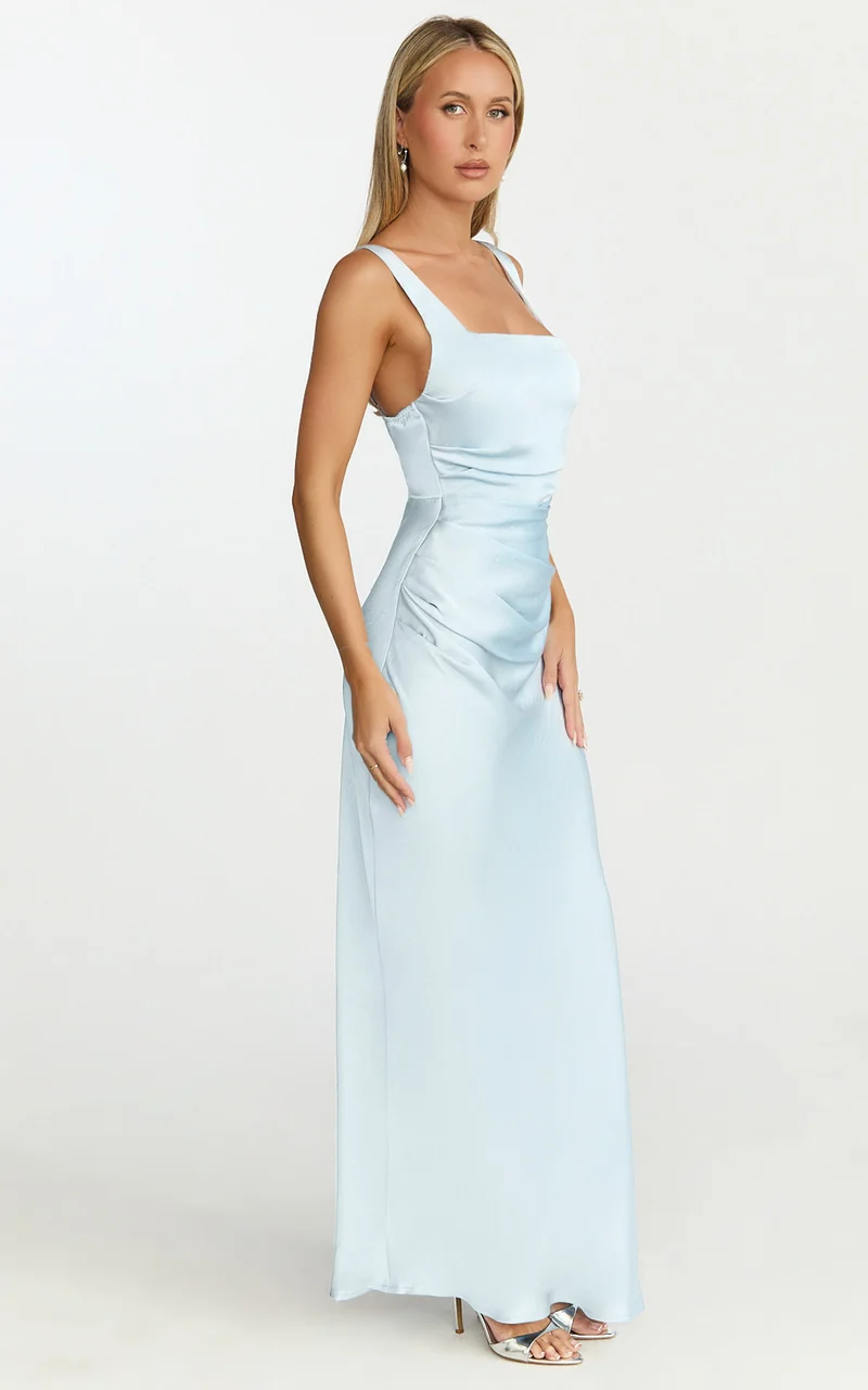 Rumi Midi Dress - Ruched Bodice Satin Dress in Pale Blue