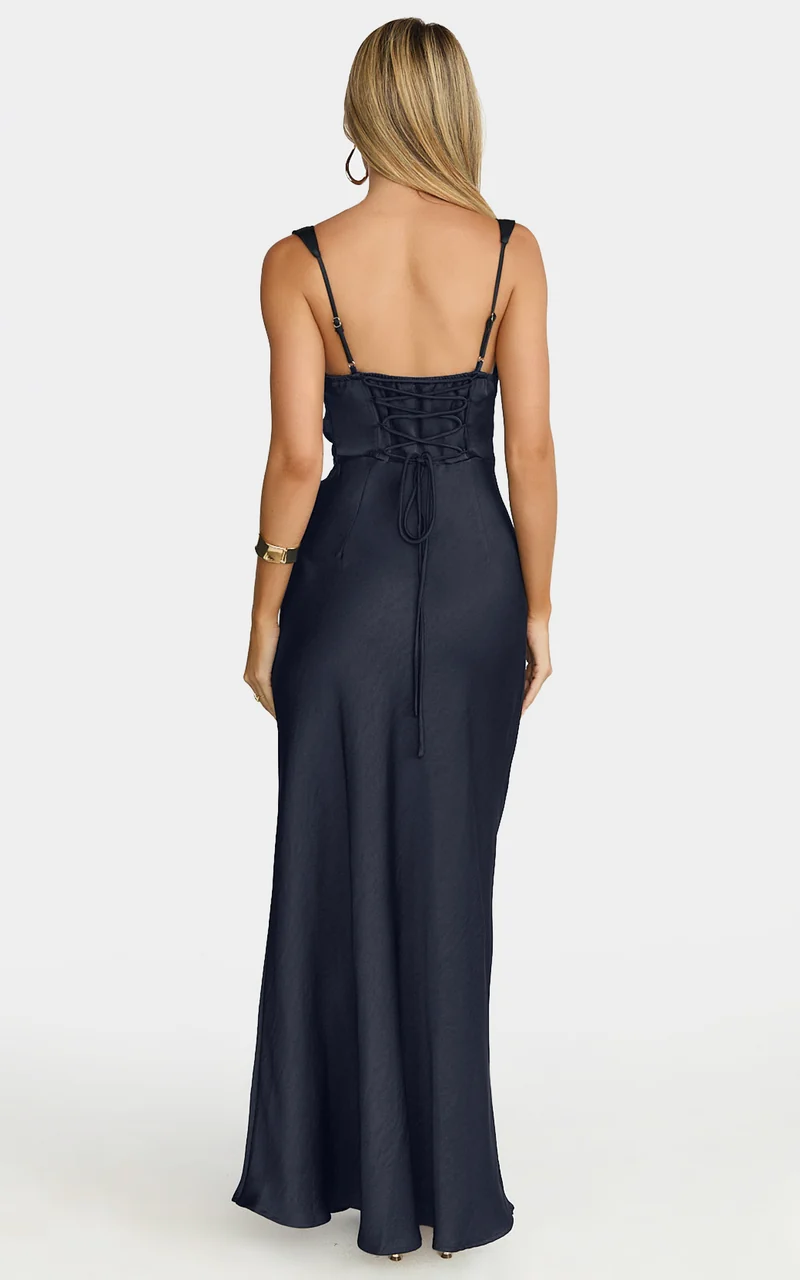 Rumi Midi Dress - Ruched Bodice Satin Dress in Navy