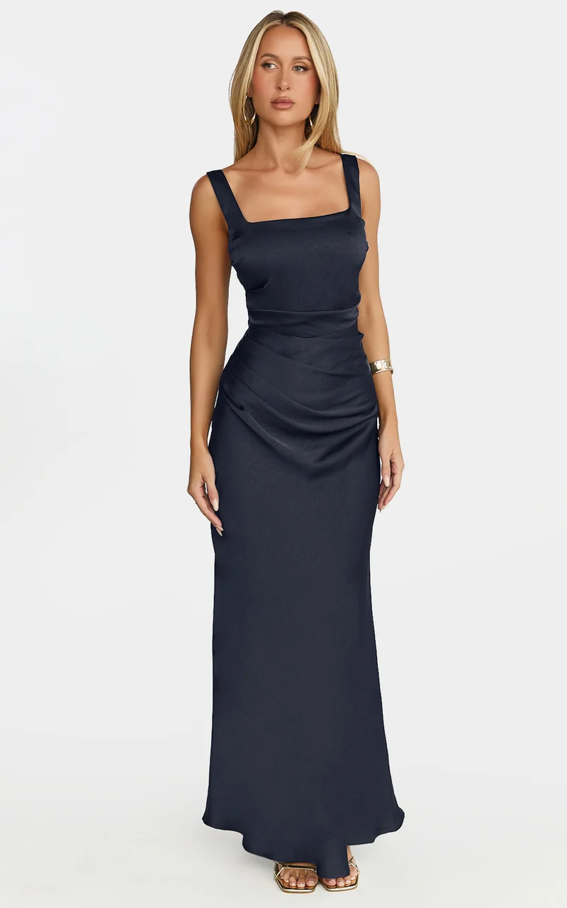 Rumi Midi Dress - Ruched Bodice Satin Dress in Navy