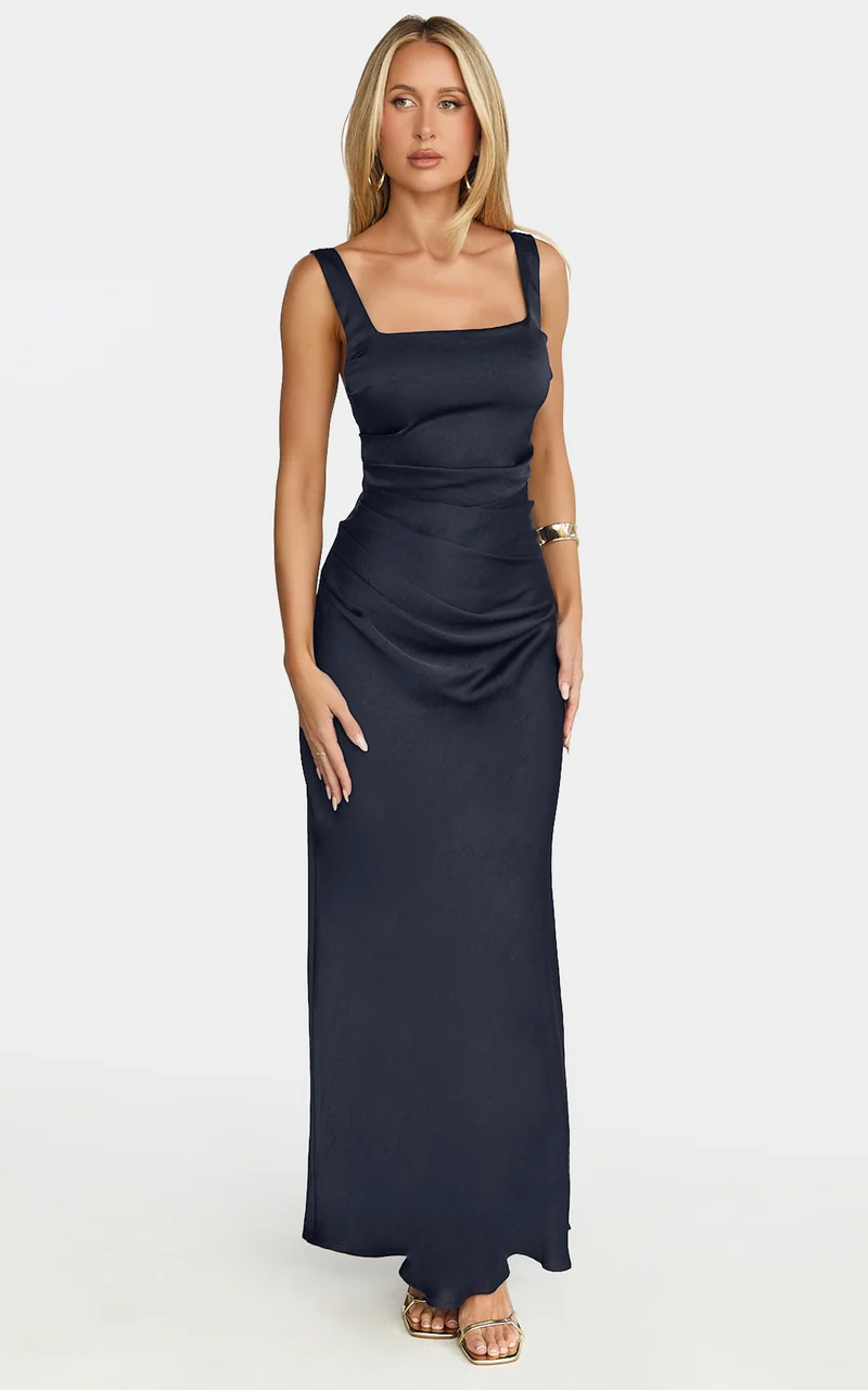 Rumi Midi Dress - Ruched Bodice Satin Dress in Navy