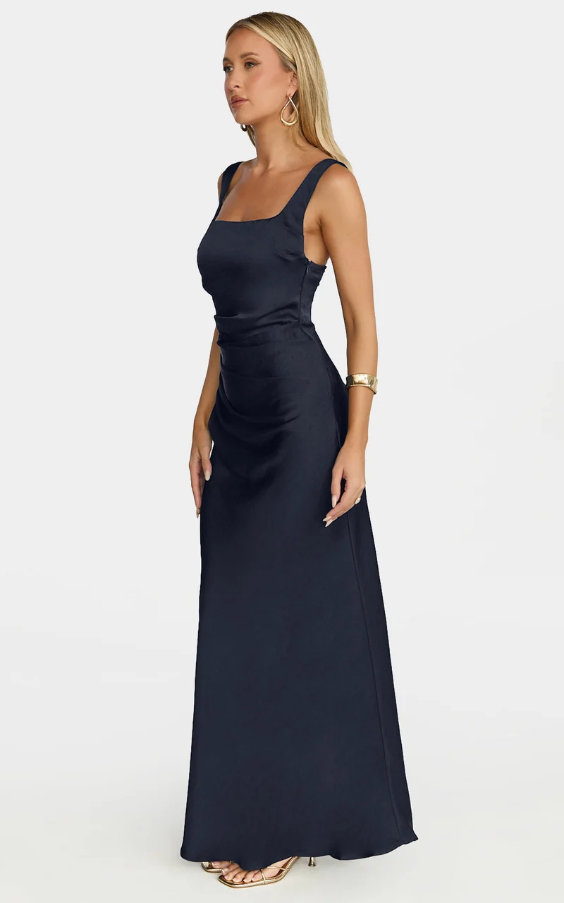 Rumi Midi Dress - Ruched Bodice Satin Dress in Navy