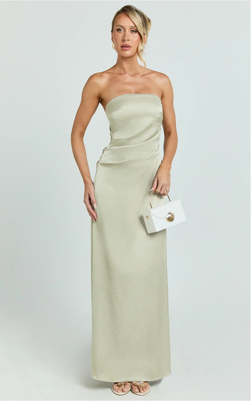 Laurie Maxi Dress - Strapless Draped Satin Dress in Light Olive