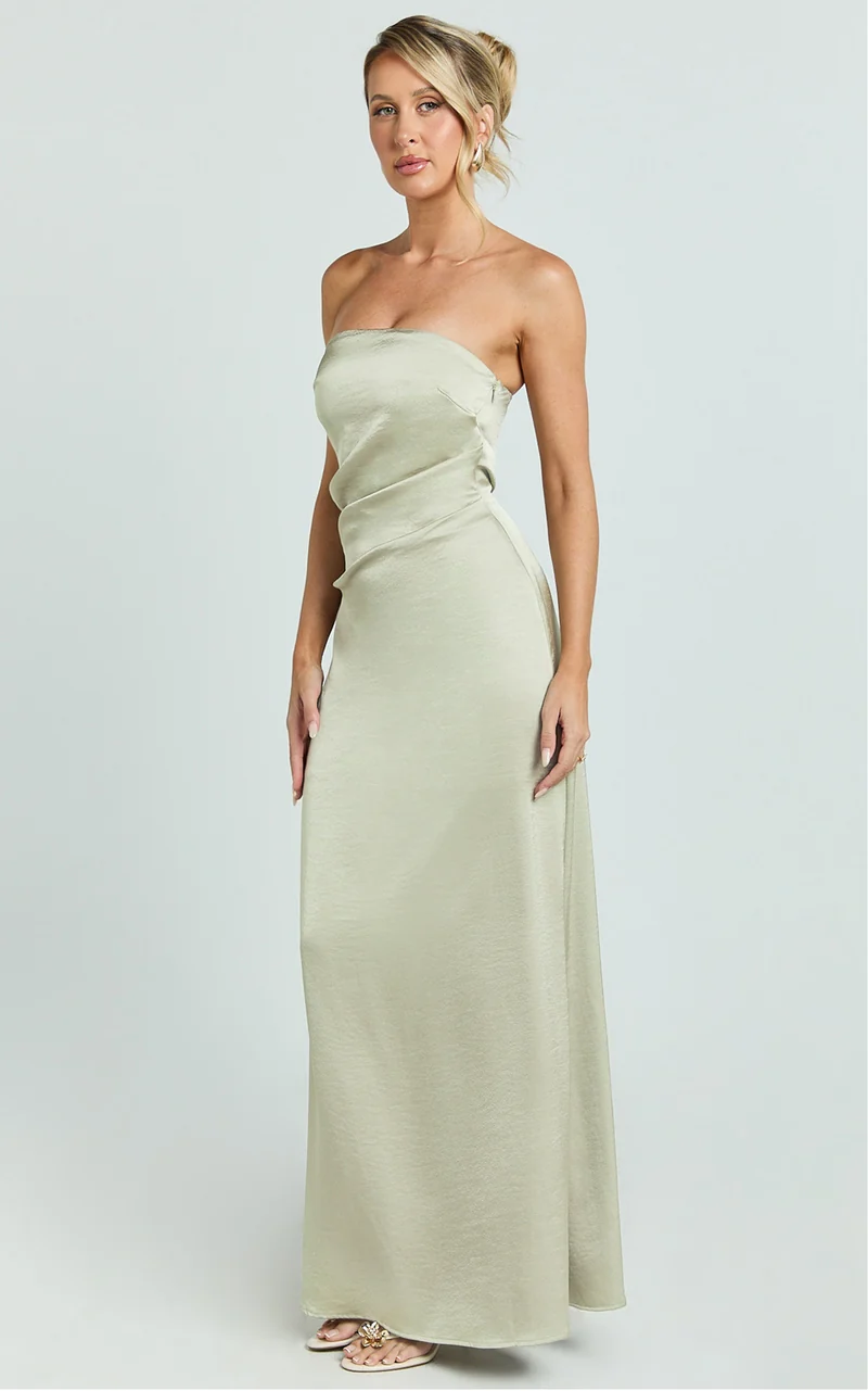 Laurie Maxi Dress - Strapless Draped Satin Dress in Light Olive