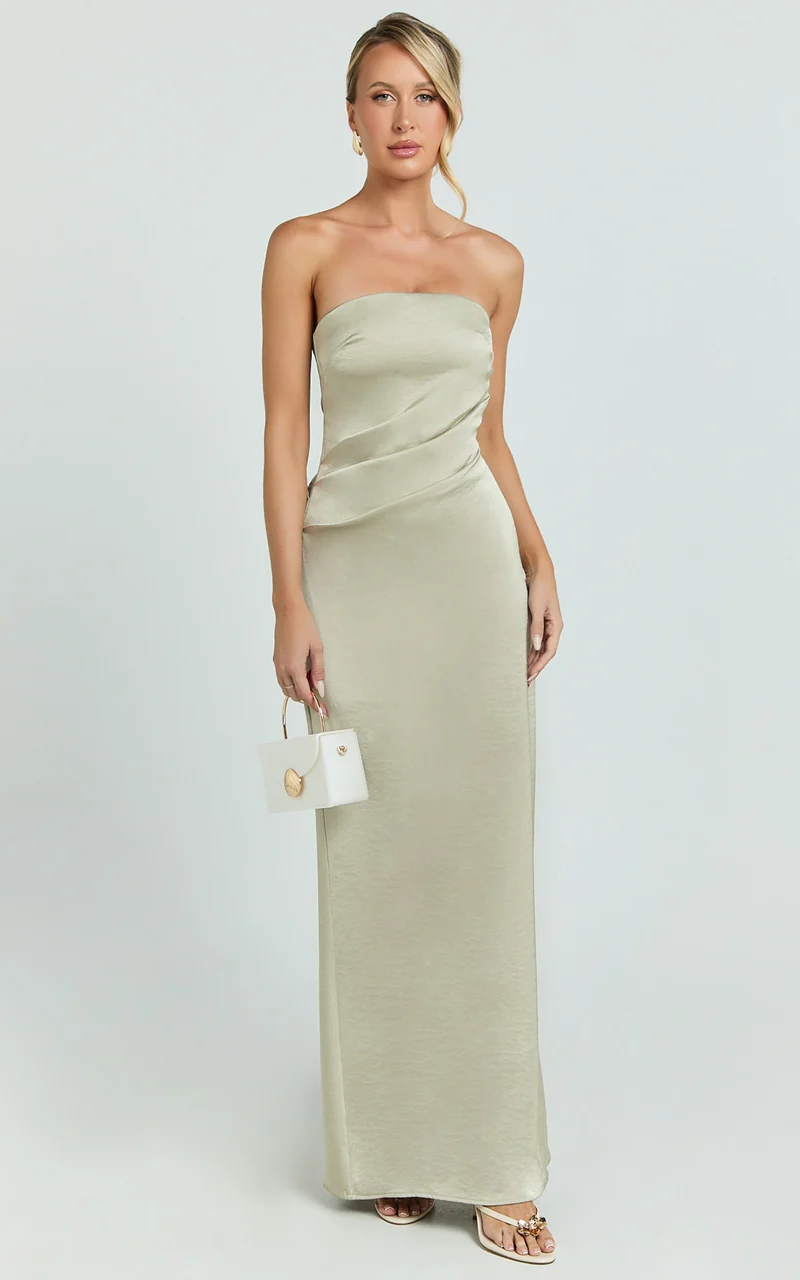 Laurie Maxi Dress - Strapless Draped Satin Dress in Light Olive