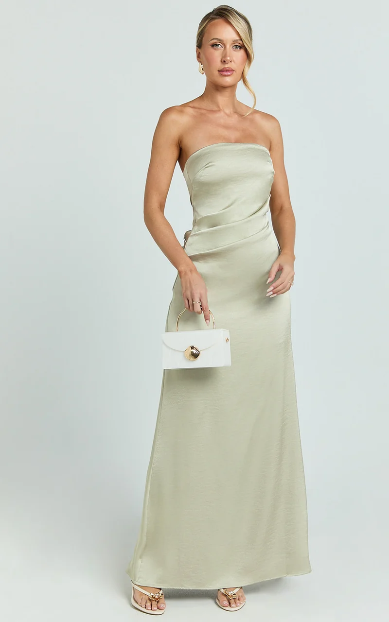 Laurie Maxi Dress - Strapless Draped Satin Dress in Light Olive