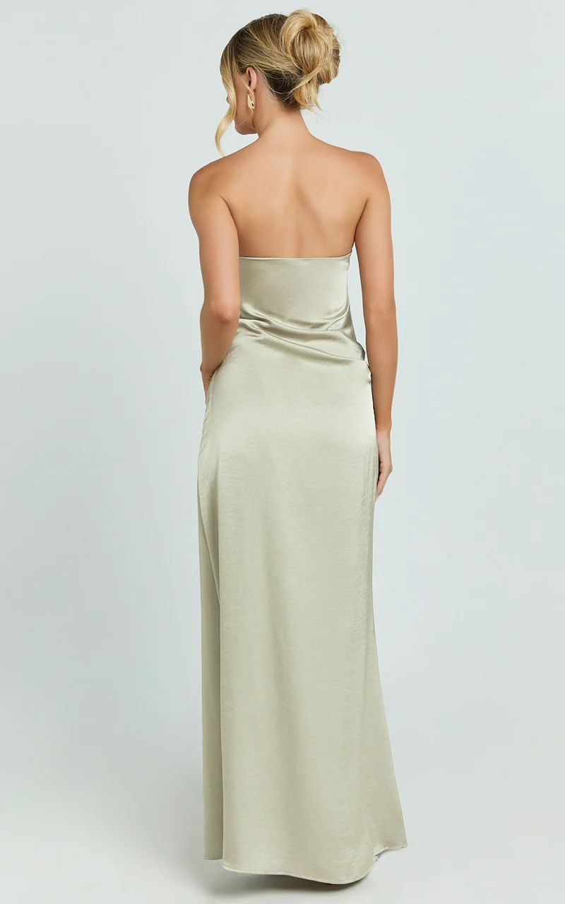 Laurie Maxi Dress - Strapless Draped Satin Dress in Light Olive