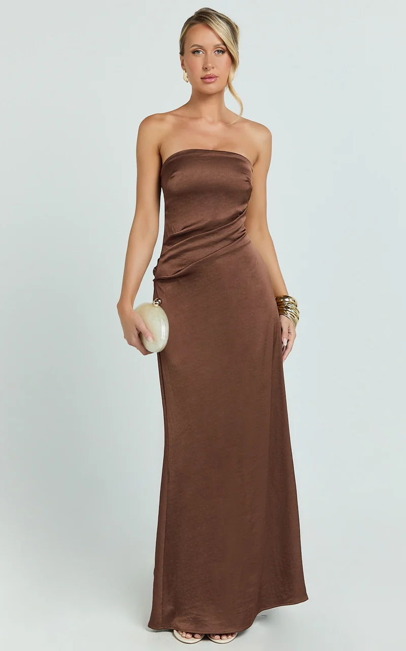 Laurie Maxi Dress - Strapless Draped Satin Dress in Chocolate