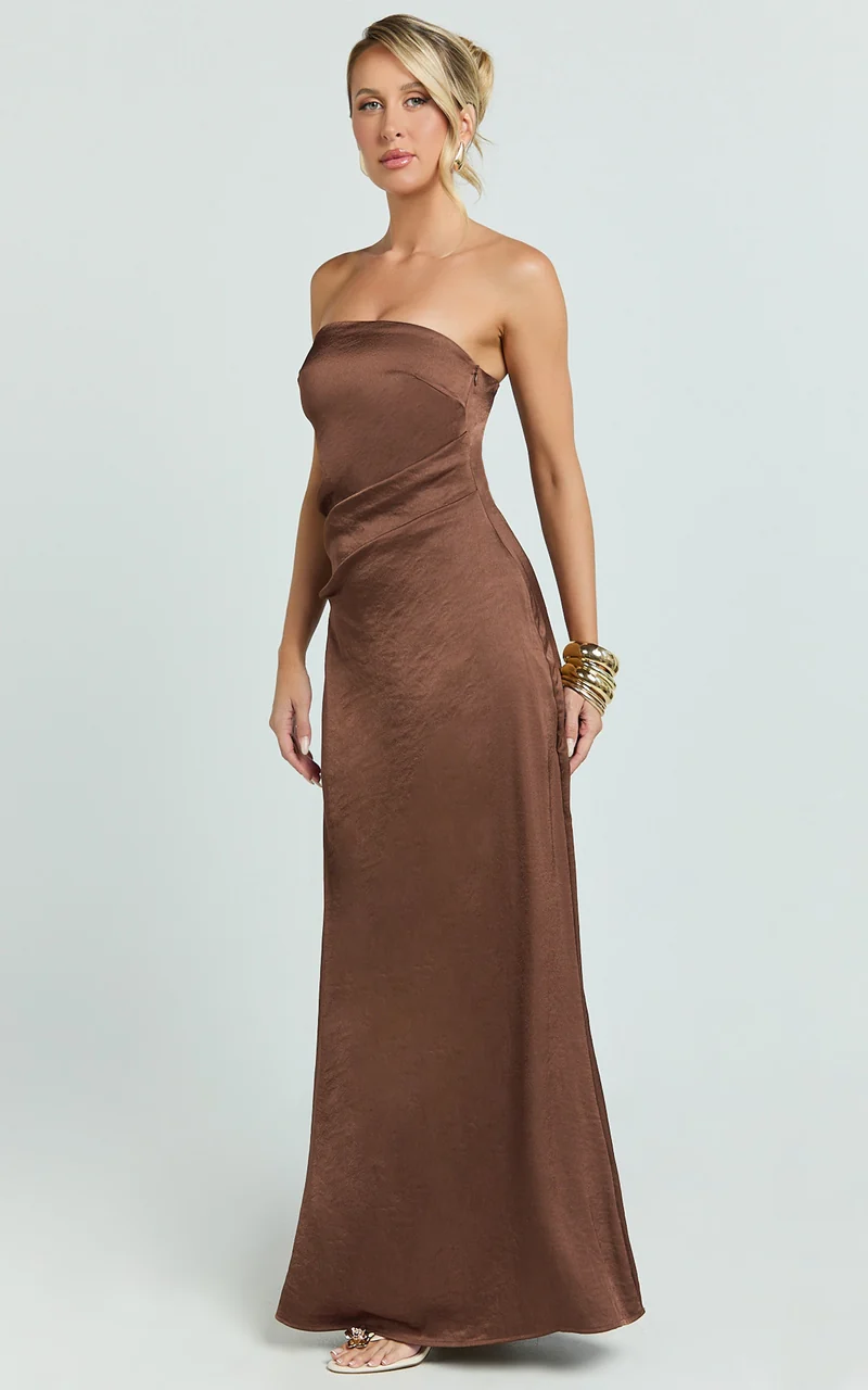 Laurie Maxi Dress - Strapless Draped Satin Dress in Chocolate