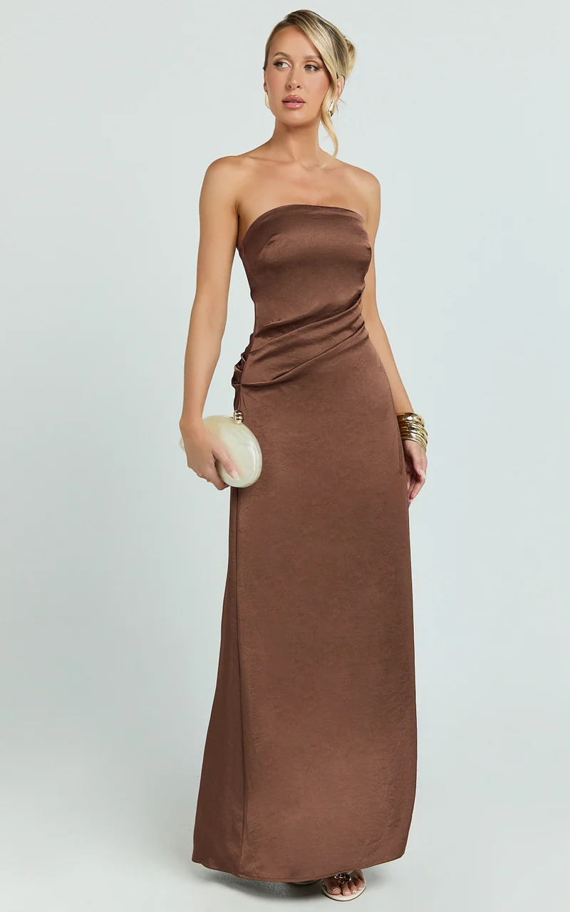 Laurie Maxi Dress - Strapless Draped Satin Dress in Chocolate