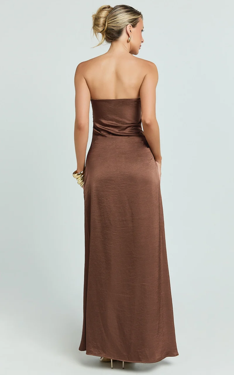 Laurie Maxi Dress - Strapless Draped Satin Dress in Chocolate