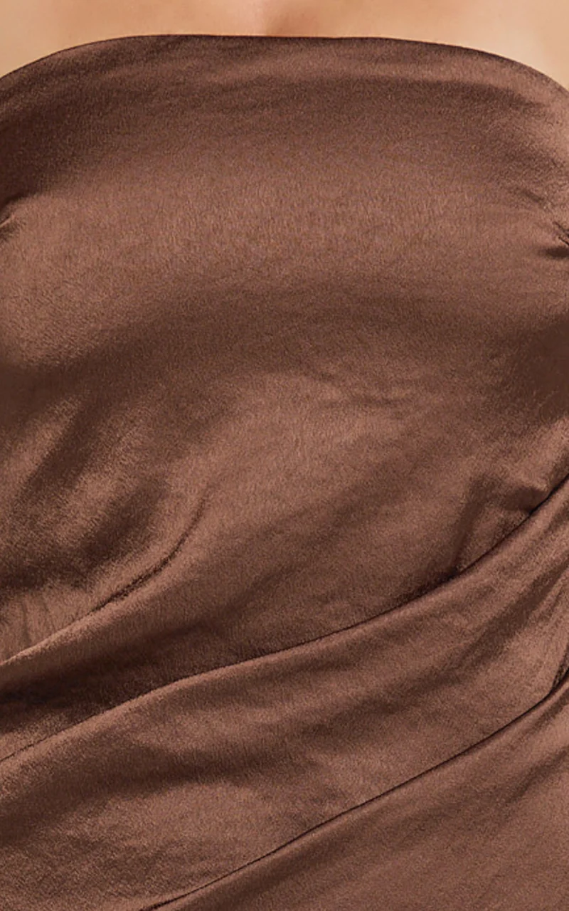 Laurie Maxi Dress - Strapless Draped Satin Dress in Chocolate