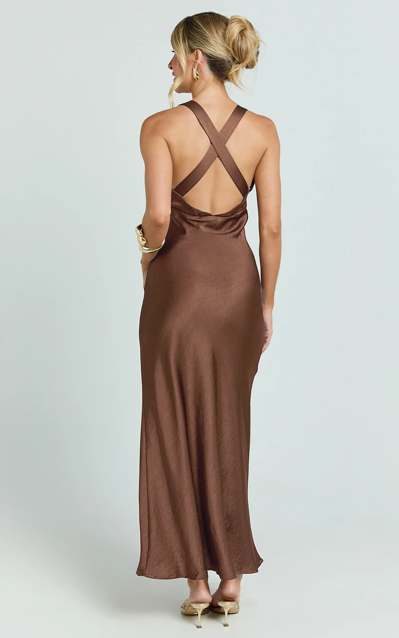 Khalani Midi Dress - Deep V Neck Satin Slip Dress in Chocolate