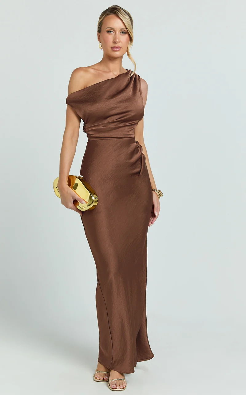 Laurie Maxi Dress - One Shoulder Ruched Dress in Chocolate