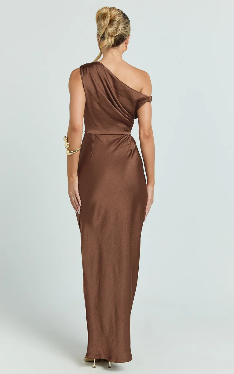 Laurie Maxi Dress - One Shoulder Ruched Dress in Chocolate
