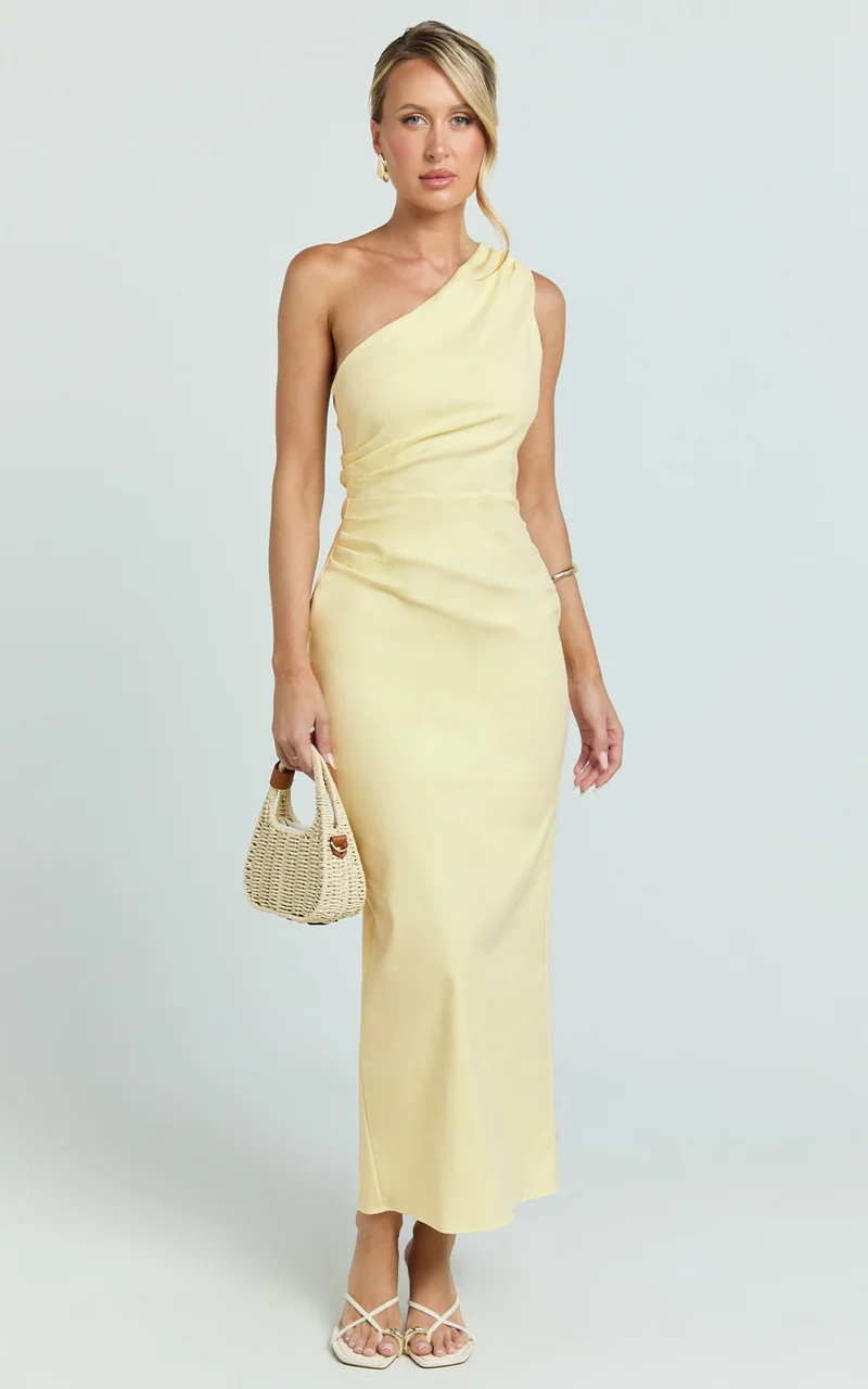 Karlie Midi Dress - One Shoulder Fitted Dress in Lemon