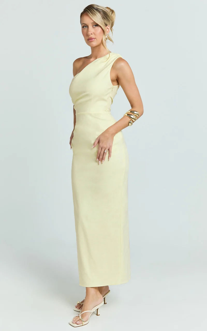 Karlie Midi Dress - One Shoulder Fitted Dress in Lemon