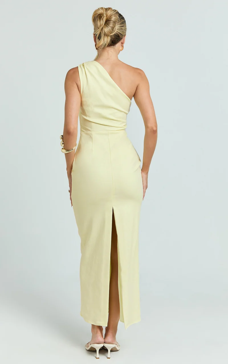 Karlie Midi Dress - One Shoulder Fitted Dress in Lemon