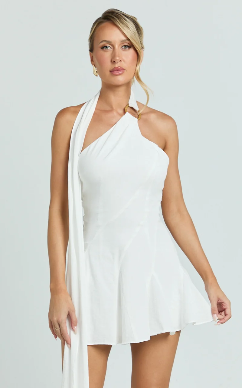 Dottie Mini Dress - Scarf Halter Neck Hardware Detail Panelled Fit And Flare Dress in White