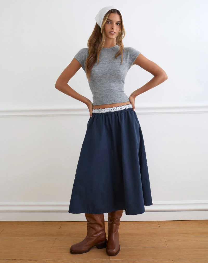 Jupe midi Takira bleu marine foncé avec bordure en dentelle