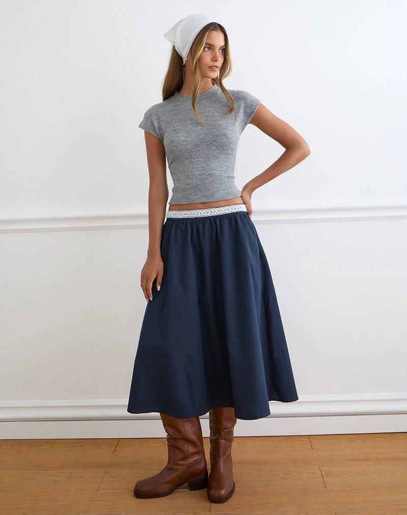 Jupe midi Takira bleu marine foncé avec bordure en dentelle