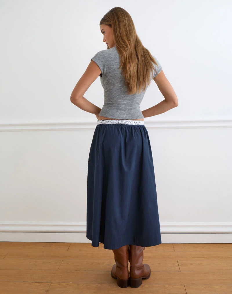 Jupe midi Takira bleu marine foncé avec bordure en dentelle